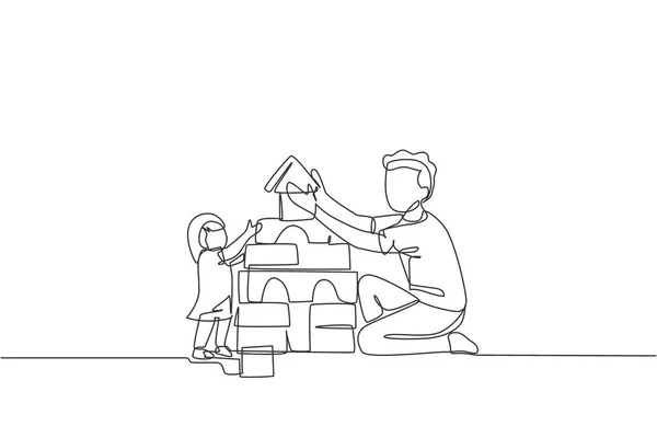 一个年轻快乐的父亲不停地画着线条 带着可爱的女儿在家里盖起一座砖屋 家庭养育的概念 动态单行绘图设计图形矢量插图 — 图库矢量图片