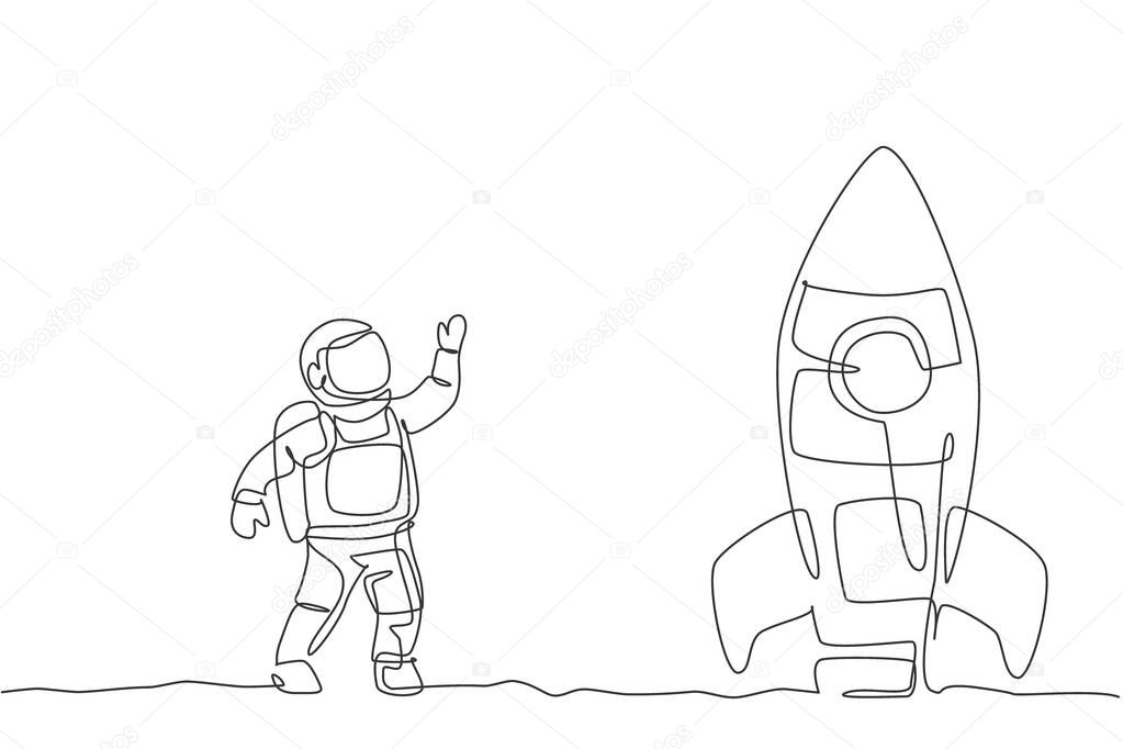 Single continuous line drawing of astronaut in spacesuit waving hand and saying good bye to the rocket spacecraft. Science milky way astronomy concept. Trendy one line draw design vector illustration