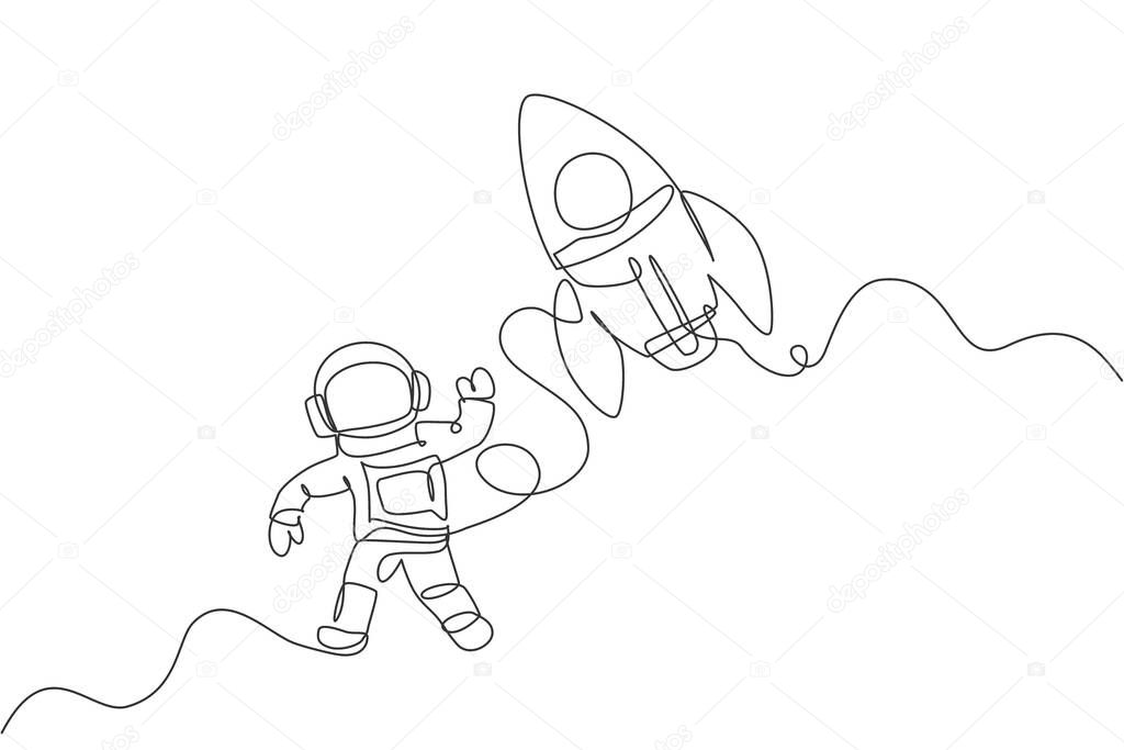 Single continuous line drawing of astronaut in spacesuit flying at outer space with rocket spacecraft. Science milky way astronomy concept. Trendy one line draw graphic design vector illustration