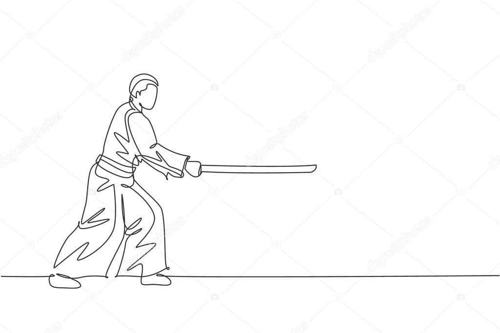 One continuous line drawing man aikido fighter practice fighting pose using wooden sword at dojo training center. Martial art sport concept. Dynamic single line draw graphic design vector illustration