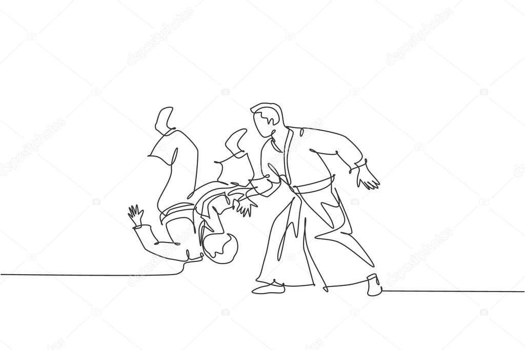 One continuous line drawing of young man aikido fighter practice fighting technique at dojo training center. Martial art combative sport concept. Dynamic single line draw design vector illustration