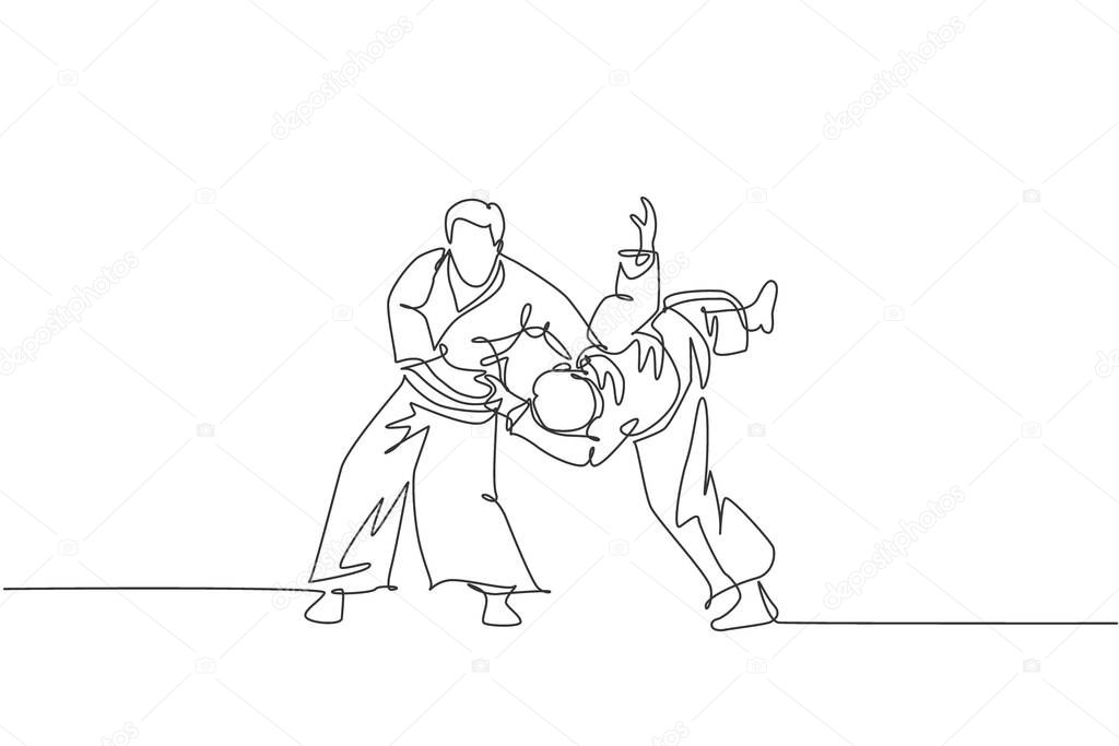 One continuous line drawing young man aikido fighter practice fighting trick at dojo training center. Martial art combative sport concept. Dynamic single line draw graphic design vector illustration