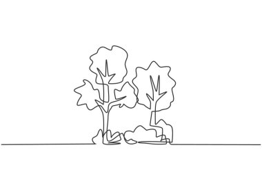 Bahçe dekorasyonu için tek sıra yeşil ağaçlar. Doğal çevre dostu logo minimalizm kavramını izole etti. Dinamik bir çizgi beyaz arkaplanda grafik tasarım vektörü çizimi çizer