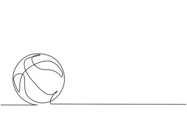 Yerde tek sıra basketbol çizimi var. Basketbol maçı için top. Okul minimalisti, spor eğitimi konsepti. Aralıksız basit çizgi çizim biçimi grafik vektör çizimi