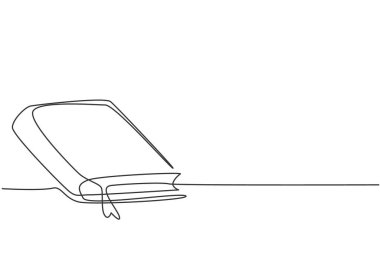 Üniversite kütüphanesinde kapalı kitabın tek satır çizimi. Okul minimalisti, eğitim konsepti. Aralıksız basit çizgi çizim biçimi grafik vektör çizimi