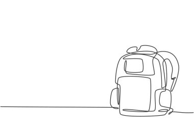 Anaokulu öğrencisi için tek sıra sırt çantası çizimi. Moda okul çantası. Okul minimalisti, eğitim konsepti. Aralıksız basit çizgi çizim biçimi grafik vektör çizimi