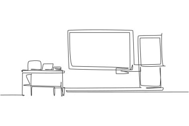 Tek sıra halinde, sınıfın önünde karatahtayla sınıf içini çiziyor. Okula minimalist tarzıyla dön. Eğitim konsepti. Modern bir çizgi çizimi grafik tasarım vektörü çizimi
