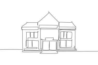 Küçük bir şehirdeki ilkokul binasını çizmeye devam ediyor. Okula geri dönmek minimalizm konsepti. Eğitim vektörü grafik çizimi için tek çizgi çizimi tasarımı