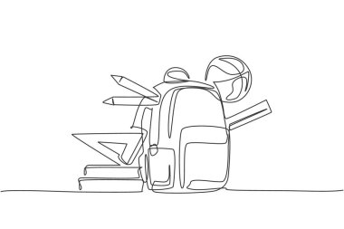 Okul çantasının, basket topunun, cetvelin, kalem setinin tek satır çizimi. Okul minimalisti, eğitim konsepti. Aralıksız basit çizgi çizim biçimi grafik vektör çizimi