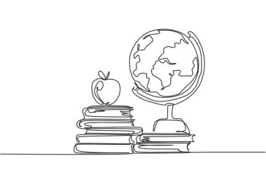 Dünya küresi masanın üstünde. Beyaz arka planda minimalist vektör çizimi kitaplarının kesintisiz bir çizimi. İzole edilmiş basit çizgi modern grafik tarzı. Eğitim için elle çizilmiş grafik konsepti