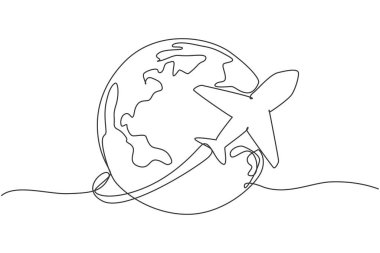 Single one line drawing of airplane fly through the sky. Globe icon silhouette for tours and travel concept. Infographics, business presentation on white background. Design vector graphic illustration vector