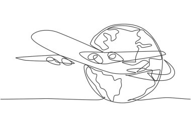 Airplane around the earth. Single continuous line world traveling graphic icon. Simple one line doodle for holiday vacation concept. Isolated vector illustration minimalist design on white background vector