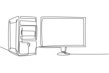 Şirket için Cpu bilgisayar biriminin tek satır aralıksız çizimi ve ekran monitörü. Elektronik küçük ev aletleri konsepti. Modern bir çizim çizimi grafik vektör çizimi