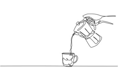 Genç mutlu baristanın masanın üstüne sıcak çikolata koyduğu tek bir çizim. Kafe içkisi menüsü konsepti. Dinamik sürekli çizgi grafik çizim vektör tasarımı illüstrasyonu