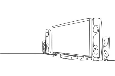 Lüks, pahalı ev sineması ve hoparlör sistemi olan tek sıra çizimi. Elektronik oturma odası ev aletleri konsepti. Modern bir çizim çizimi grafik vektör çizimi