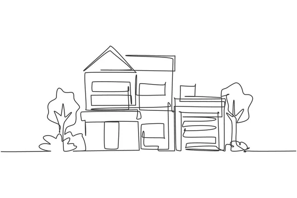 单行画绿色简约简朴的房子在城里 家庭建筑施工孤立的涂鸦最小的概念 趋势连续线条绘图设计图形矢量插图 — 图库矢量图片