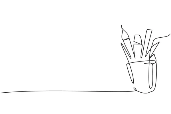 磁器カップ内の鉛筆 クレヨン 定規の一本の線画 学校に戻るミニマリスト 教育の概念 連続シンプルな線画スタイルデザイングラフィックベクトルイラスト — ストックベクタ