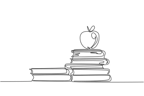 Συνεχής Μία Γραμμή Σχέδιο Του Μήλου Πάνω Από Βιβλία Στοίβα — Διανυσματικό Αρχείο