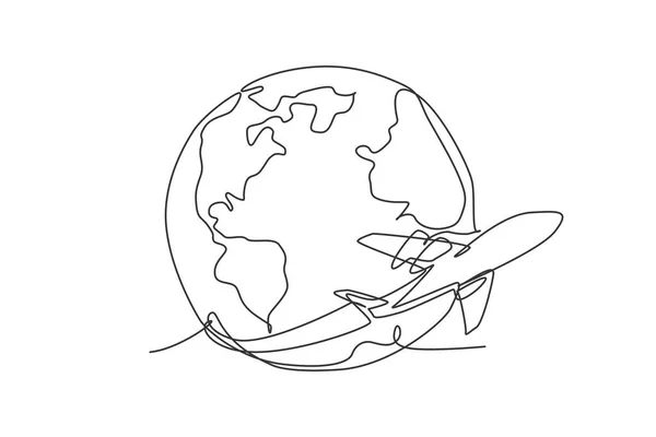 飛行機は地球を飛び回っている 単一の連続線世界地図のグラフィックアイコン 旅のコンセプトのためのシンプルな1つのラインドア 白を基調とした絶縁ベクトルイラストミニマルデザイン — ストックベクタ