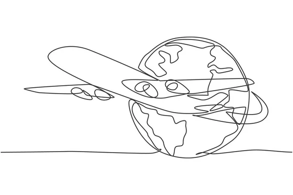 地球の周りの飛行機 単一の連続行世界のグラフィックアイコンを移動します 休日の休暇の概念のための簡単な1行のドア 白を基調とした絶縁ベクトルイラストミニマルデザイン — ストックベクタ