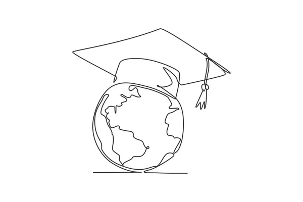 Sombrero Graduación Globo Terrestre Icono Gráfico Diploma Mundial Línea Continua — Vector de stock