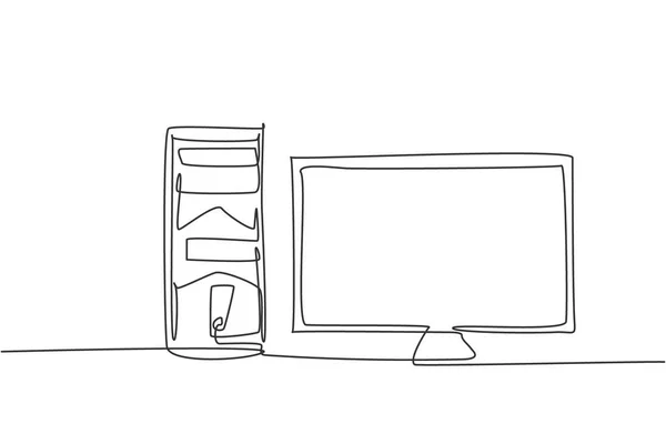 One Continuous Line Drawing Cpu Computer Screen Monitor Концепция Инструментов — стоковый вектор