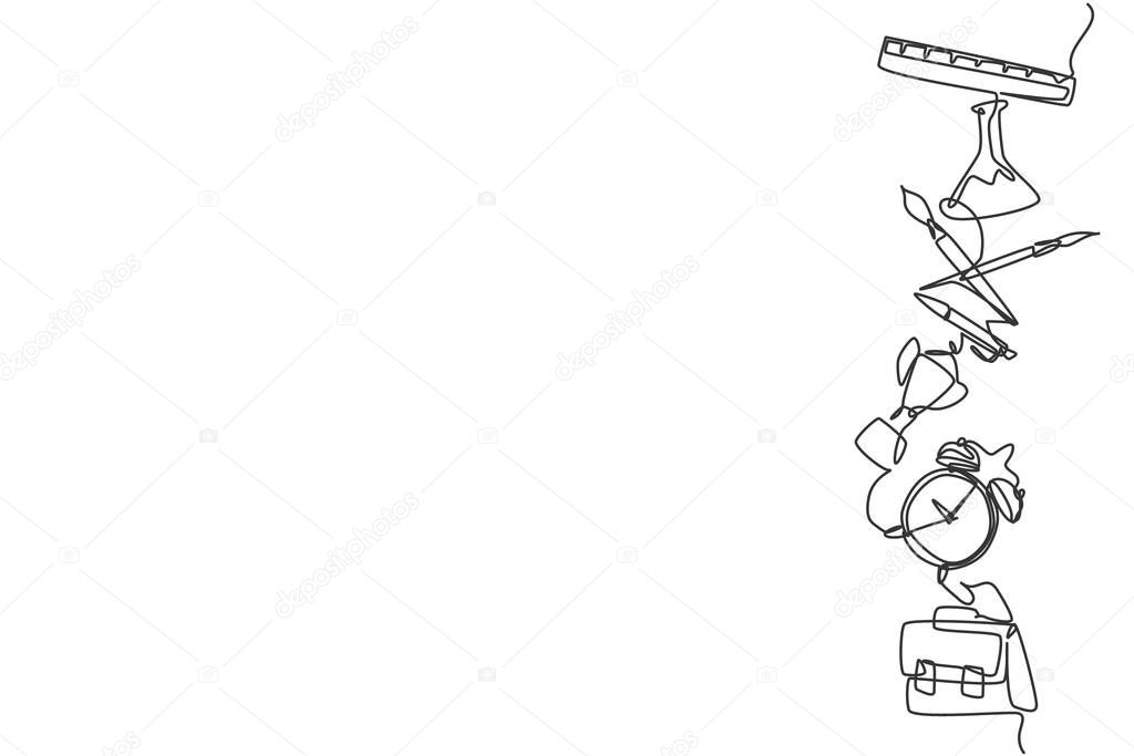 Single continuous line drawing of flask, trophy, alarm clock, briefcase set for page layout. Back to school minimalist style. Education concept. Modern one line draw graphic design vector illustration