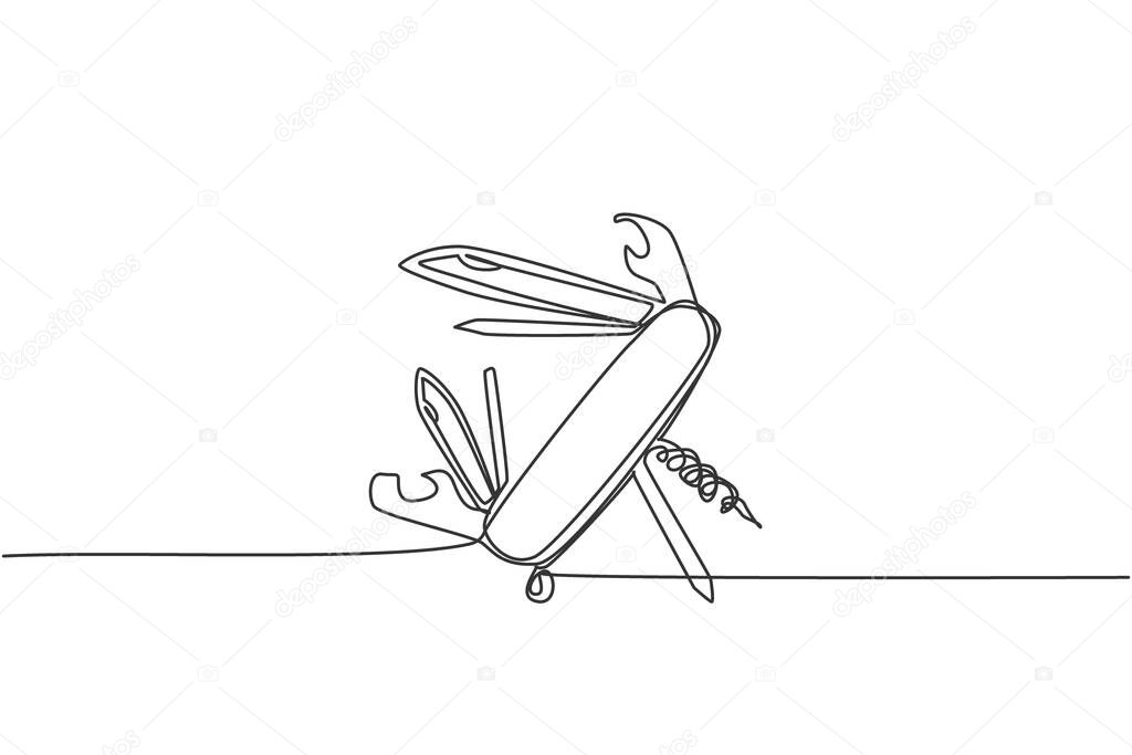 Single continuous line drawing of multi purpose pocket knife for outdoor camping equipment. Multi function tool hover concept. Modern one line draw design graphic vector illustration