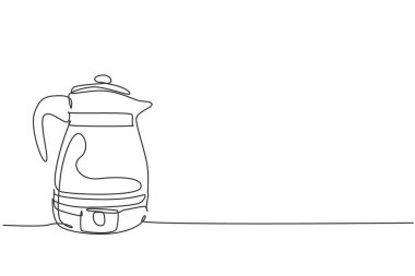 Paslanmaz çelik çaydanlık ev aletinin tek bir çizgisi. Elektrikli ev eşyaları mutfak aletleri konsepti. Dinamik sürekli çizgi çizimi tasarım vektör illüstrasyonu