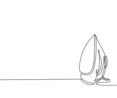 Bir adet elektrikli ev aletini ütüleyen kumaş çizimi. Elektrikli ev aletleri şablon konsepti. Moda tek çizgi çizimi tasarım vektörü grafik çizimi