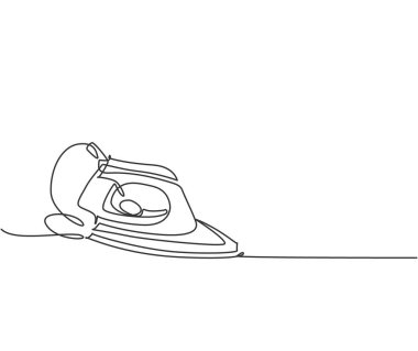 Ev aletlerini ütüleyen tek bir elektrikli kıyafet çizimi. Elektrikli ev aletleri konsepti. Dinamik sürekli çizgi çizimi tasarım illüstrasyonuName