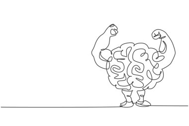 Güçlü bir insan beyninin logo kimliğinin tek çizgi çizimi. Fitness Merkezi ikon logoti konsepti için zeki taze beyin. Dinamik sürekli çizgi çizimi tasarım vektörü grafik çizimi