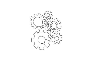 Tamirci şirket logosu için tek bir yuvarlak metal tekerlek teçhizatı çizimi. Ofis ikonu logoti konseptinde takım çalışması. Dinamik sürekli çizgi çizimi grafik tasarım vektörü illüstrasyonu