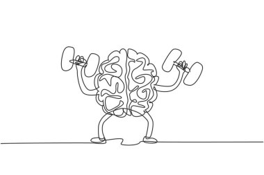 Sağlıklı, güçlü insan beyninin sürekli çizdiği bir çizgi fitness merkezi logosu için dambıl kaldırdı. Akıllı sağlık logosu sembolü şablon konsepti. Tek çizgi çizimi tasarım vektör çizimi