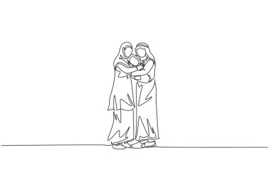 Genç Arap anne ve babanın sevgi vektörü çizimleriyle dolu bebeklerini kucakladıkları tek bir çizgi. Müslüman mutlu aile ebeveynliği kavramı. Modern sürekli çizgi çizimi tasarımı