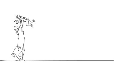 Genç bir Arap annenin sürekli oynadığı ve oğlunu havaya kaldırdığı bir çizgi. Müslüman mutlu aile ebeveynliği kavramı. Dinamik tek çizgi çizimi tasarım vektörü illüstrasyonu