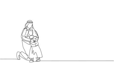 Genç, mutlu bir Arap babanın sevgi ve sıcaklık vektör çizimi dolu kızına sarıldığı tek bir çizgi. Müslüman mutlu aile ebeveynliği kavramı. Modern sürekli çizgi çizimi tasarımı