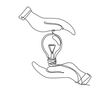 Sürekli çizilen bir el çizimi ampul simgesi amblemini koruyor. Güvenli koruma şirketi logoti şablon konsepti. Modern tek çizgi tasarım grafik çizimi