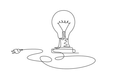 Yerde uzun kablolu bir ampul çizimi. Cam ampulden esinlenme fikri yaratıcılık ikonu konsepti. Moda sürekli çizgi çizimi tasarım vektörü illüstrasyonu
