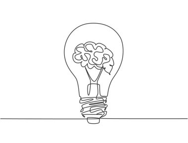 Tıbbi şirket logosu için insan beyni olan temiz bir ampul çizimi. Yaratıcı ruh sağlığı terapisi ikonu konsepti. Moda sürekli çizgi çizimi tasarım vektörü illüstrasyonu
