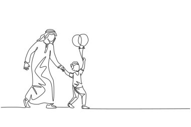 Genç İslami babanın çizdiği tek bir çizgi lunapark vektör illüstrasyonunda oynamak için elinde balon tutan oğluna eşlik ediyor. Arap Müslüman aile ebeveynliği kavramı. Devamlı çizgi çizimi tasarımı