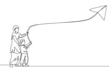 Genç Arap anne ve oğlunun saha dışında vektör çizimlerinde uçurtma oynamalarının tek bir çizimi. Mutlu İslami Müslüman aile ebeveynliği kavramı. Devamlı çizgi çizimi tasarımı