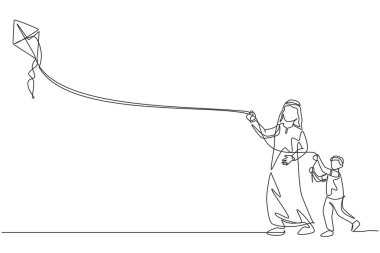 Genç Arap baba ve oğlunun halk parkında uçurtma oynadığı bir çizgi. Mutlu İslami Müslüman ebeveynlik aile kavramı. Dinamik tek çizgi çizimi tasarım vektörü illüstrasyonu