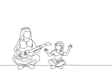 Genç Arap babanın sürekli çizdiği tek çizgi kızının yerde gitar çalmasını eğlendiriyor. Müslüman, mutlu aile babası konsepti. Bir satır çizimi tasarım vektörü illüstrasyonu