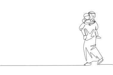 Genç Arap bir babanın oğlunu kucaklayıp kucağına alıp yatak odasına taşıdığı tek sıra. Müslüman, mutlu aile babası konsepti. Bir satır çizimi tasarım vektörü illüstrasyonu