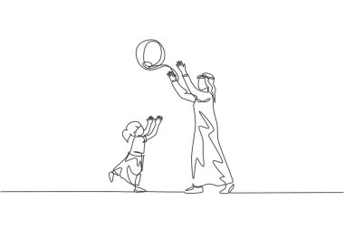 Genç Arap babasının parkta oynadığı ve kızına plaj topu attığı tek sıra çizimi. Müslüman, mutlu aile babası konsepti. Bir satır çizimi tasarım vektörü illüstrasyonu