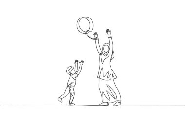 Genç Arap annenin oğluyla top oynarken çizdiği tek bir çizgi vektör çizimi. Mutlu İslami Müslüman aile ebeveynliği kavramı. Modern sürekli çizgi çizimi tasarımı