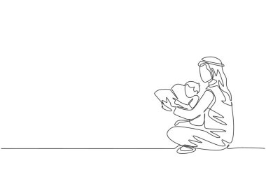 Genç İslami baba ve oğlunun sürekli çizdiği bir çizgi yerde birlikte masal kitabı okuyorlardı. Mutlu Arap ebeveynlik aile kavramı. Dinamik tek çizgi çizimi tasarım vektörü illüstrasyonu