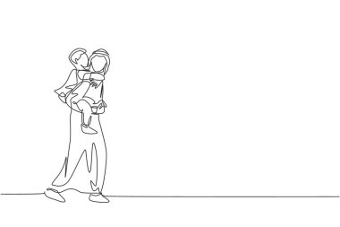 Genç Arap babasının tek sıra çizimi. Oğluyla konuşurken sırtında taşımaya devam ediyor. Müslüman, mutlu aile babası konsepti. Bir satır çizimi tasarım vektörü illüstrasyonu