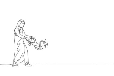 Genç Arap babasının sürekli çizdiği bir çizgi kızını evinde sallıyor. Mutlu İslami Müslüman aile kavramı. Dinamik tek çizgi çizimi tasarım vektörü illüstrasyonu